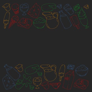 Süt, tereyağı, süzme peynir, ekşi krema, peynir, yoğurt, dondurma, krema simgeleri ile Vektör desen. Süt ürünlerinin toplanması.