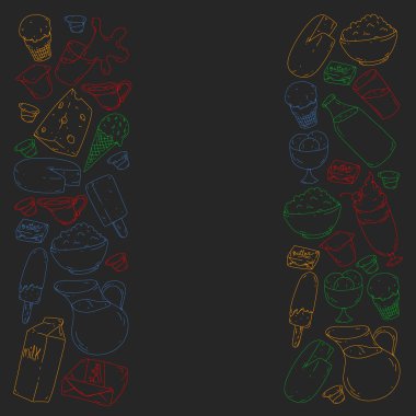 Süt, tereyağı, süzme peynir, ekşi krema, peynir, yoğurt, dondurma, krema simgeleri ile Vektör desen. Süt ürünlerinin toplanması.