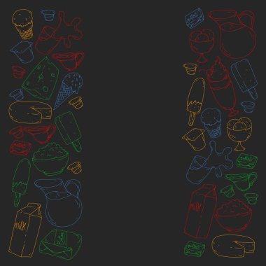 Süt, tereyağı, süzme peynir, ekşi krema, peynir, yoğurt, dondurma, krema simgeleri ile Vektör desen. Süt ürünlerinin toplanması.