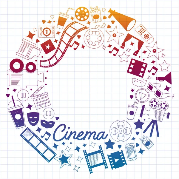 Vector pattern with cinema icons. Movie Theater, TV, popcorn, video clips, musical — Stock Vector