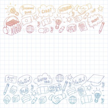 Dil sınıfı için vektör deseni, çevrimiçi kurslar. İngilizce, Arapça, İtalyanca, Japonca, İspanyolca, Çince, Almanca.