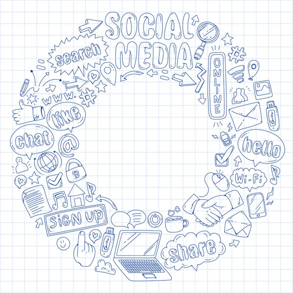 Social media, business, icone vettoriali di gestione. Internet marketing, comunicazioni . — Vettoriale Stock