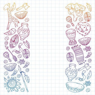 Afiş ve posterler için Vektör afrika kabile desen. Hayvanların simgeleri ve çocuklar için geleneksel unsurlar kumaş, giysi, tekstil. Seyahat ve macera