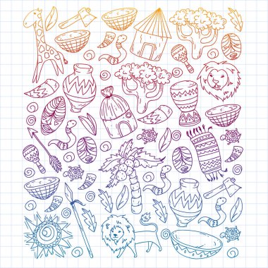 Afiş ve posterler için Vektör afrika kabile desen. Hayvanların simgeleri ve çocuklar için geleneksel unsurlar kumaş, giysi, tekstil. Seyahat ve macera