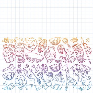 Afiş ve posterler için Vektör afrika kabile desen. Hayvanların simgeleri ve çocuklar için geleneksel unsurlar kumaş, giysi, tekstil. Seyahat ve macera