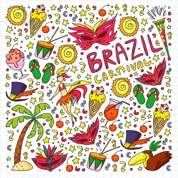 Patrón vector brasileño con palmera, playa, mar, carnaval. Iconos de Brasil para carteles y pancartas . — Archivo Imágenes Vectoriales