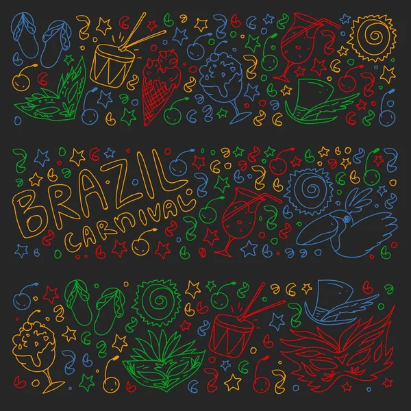 Patrón vector brasileño con palmera, playa, mar, carnaval. Iconos de Brasil para carteles y pancartas . — Archivo Imágenes Vectoriales