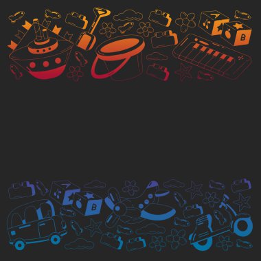 Oyuncaklarla anaokulu vektör deseni. Çocuklar birlikte oynar ve büyür..