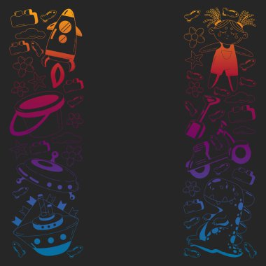 Oyuncaklarla anaokulu vektör deseni. Çocuklar birlikte oynar ve büyür..