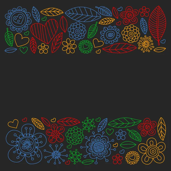 Vector pattern with doodle flowers and leaves — Stock Vector