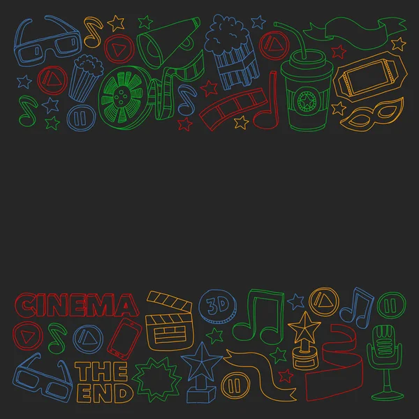 Cinema vector icons. Background with popcorn, movie illustration, musical notes. — Stock Vector