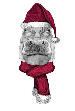Noel Baba şapkası takan Hippopotamus 'un Portresi