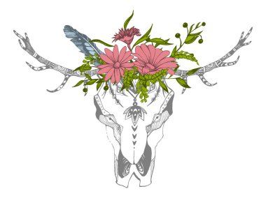 İnek, bufalo, çiçekli kabile tarzı boğa kafatası. Bohem, bohem vektör çizimi. Vahşi ve özgür etnik çingene sembolü.