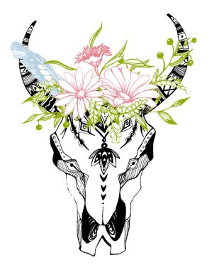 İnek, bufalo, çiçekli kabile tarzı boğa kafatası. Bohem, bohem vektör çizimi. Vahşi ve özgür etnik çingene sembolü.
