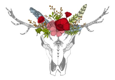 İnek, bufalo, çiçekli kabile tarzı boğa kafatası. Bohem, bohem vektör çizimi. Vahşi ve özgür etnik çingene sembolü.