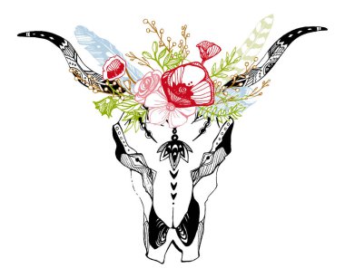 İnek, bufalo, çiçekli kabile tarzı boğa kafatası. Bohem, bohem vektör çizimi. Vahşi ve özgür etnik çingene sembolü.