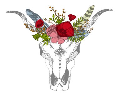 İnek, bufalo, çiçekli kabile tarzı boğa kafatası. Bohem, bohem vektör çizimi. Vahşi ve özgür etnik çingene sembolü.