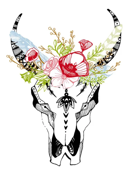 Корова, буйволи, череп бика в племінному стилі з квітами. Богемська, векторна ілюстрація. Дикий і вільний етнічний циганський символ. — стоковий вектор