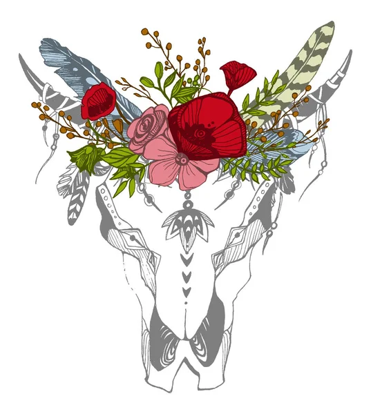 Mucca, bufalo, teschio di toro in stile tribale con fiori. Bohemien, boho vector illustration. Simbolo zingaro etnico selvaggio e libero . — Vettoriale Stock