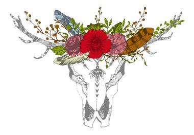 İnek, bufalo, çiçekli kabile tarzı boğa kafatası. Bohem, bohem vektör çizimi. Vahşi ve özgür etnik çingene sembolü.
