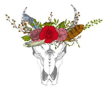 İnek, bufalo, çiçekli kabile tarzı boğa kafatası. Bohem, bohem vektör çizimi. Vahşi ve özgür etnik çingene sembolü.