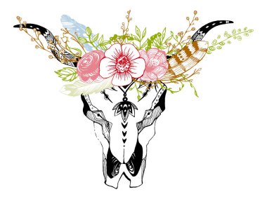 İnek, bufalo, çiçekli kabile tarzı boğa kafatası. Bohem, bohem vektör çizimi. Vahşi ve özgür etnik çingene sembolü.