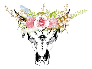 İnek, bufalo, çiçekli kabile tarzı boğa kafatası. Bohem, bohem vektör çizimi. Vahşi ve özgür etnik çingene sembolü.