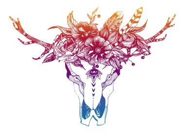 İnek, bufalo, çiçekli kabile tarzı boğa kafatası. Bohem, bohem vektör çizimi. Vahşi ve özgür etnik çingene sembolü.