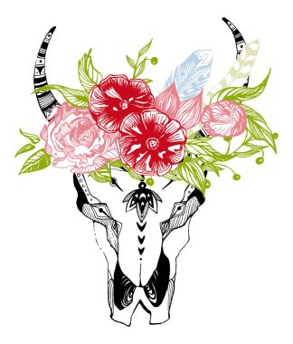 İnek, bufalo, çiçekli kabile tarzı boğa kafatası. Bohem, bohem vektör çizimi. Vahşi ve özgür etnik çingene sembolü.