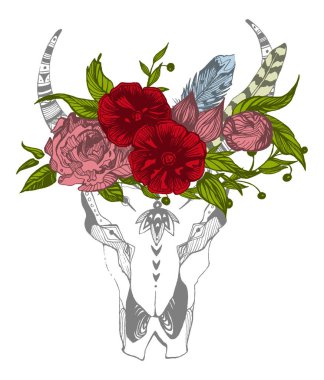 İnek, bufalo, çiçekli kabile tarzı boğa kafatası. Bohem, bohem vektör çizimi. Vahşi ve özgür etnik çingene sembolü.