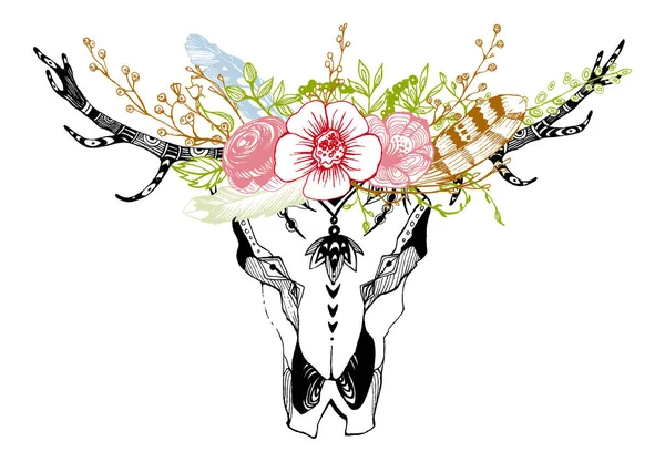 Kráva, buvol, býčí lebka v kmenovém stylu s květinami. Bohemian, boho vektorová ilustrace. Symbol divokého a svobodného etnika. — Stockový vektor