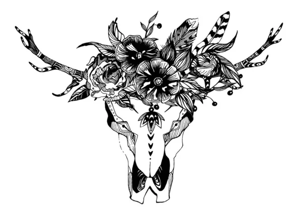 Tehén, bivaly, bika koponya, törzsi stílusban, virágokkal. Bohém, bohókás vektor illusztráció. Wild és ingyenes etnikai cigány szimbólum. — Stock Vector