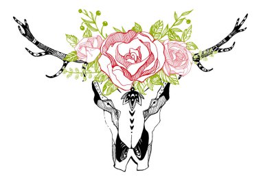 İnek, bufalo, çiçekli kabile tarzı boğa kafatası. Bohem, bohem vektör çizimi. Vahşi ve özgür etnik çingene sembolü.