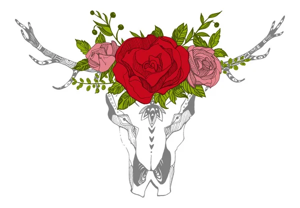 Vaca, búfalo, cráneo de toro en estilo tribal con flores. Ilustración bohemia, vector boho. Símbolo gitano étnico salvaje y libre . — Vector de stock
