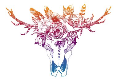 İnek, bufalo, çiçekli kabile tarzı boğa kafatası. Bohem, bohem vektör çizimi. Vahşi ve özgür etnik çingene sembolü.