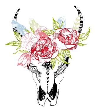 İnek, bufalo, çiçekli kabile tarzı boğa kafatası. Bohem, bohem vektör çizimi. Vahşi ve özgür etnik çingene sembolü.