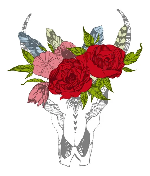 Mucca, bufalo, teschio di toro in stile tribale con fiori. Bohemien, boho vector illustration. Simbolo zingaro etnico selvaggio e libero . — Vettoriale Stock