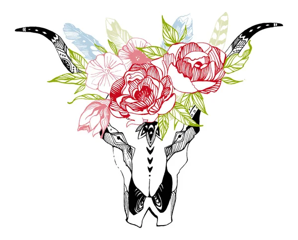 Vache, buffle, crâne de taureau dans un style tribal avec des fleurs. Illustration vectorielle bohème et boho. Symbole ethnique tzigane sauvage et libre . — Image vectorielle