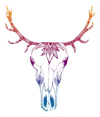 İnek, bufalo, çiçekli kabile tarzı boğa kafatası. Bohem, bohem vektör çizimi. Vahşi ve özgür etnik çingene sembolü.