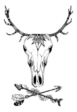 İnek, bufalo, çiçekli kabile tarzı boğa kafatası. Bohem, bohem vektör çizimi. Vahşi ve özgür etnik çingene sembolü.
