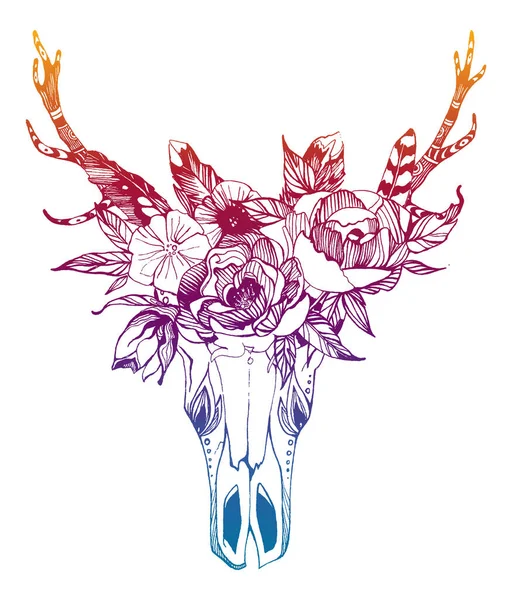 Mucca, bufalo, teschio di toro in stile tribale con fiori. Bohemien, boho vector illustration. Simbolo zingaro etnico selvaggio e libero . — Vettoriale Stock