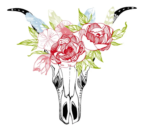 Vache, buffle, crâne de taureau dans un style tribal avec des fleurs. Illustration vectorielle bohème et boho. Symbole ethnique tzigane sauvage et libre . — Image vectorielle