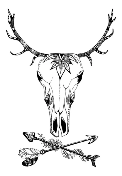 牛，水牛，公牛头骨在部落风格与花。波希米亚，波霍矢量图解。野生和自由的吉普赛象征. — 图库矢量图片