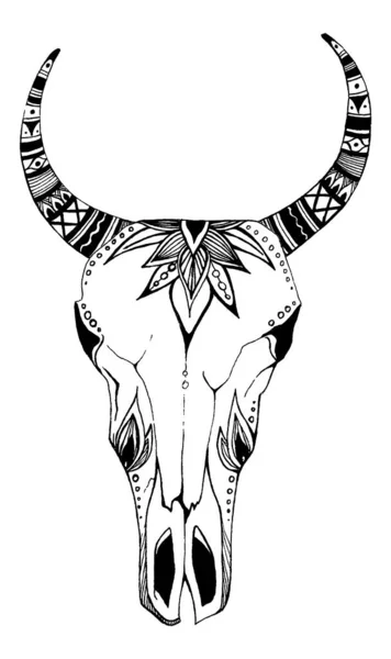 Vaca, búfalo, crânio de touro em estilo tribal com flores. Boêmio, ilustração vetorial boho. Símbolo cigano étnico selvagem e livre . — Vetor de Stock