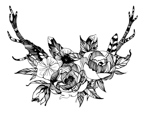 Flores de estilo bohemio. Rosas y peonía para el diseño de la invitación de boda. Ilustración vectorial con cuernos de ciervo boho . — Vector de stock