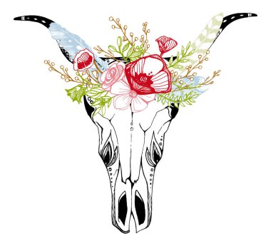 İnek, bufalo, çiçekli kabile tarzı boğa kafatası. Bohem, bohem vektör çizimi. Vahşi ve özgür etnik çingene sembolü.