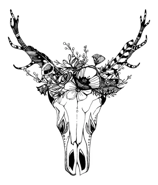 Vache, buffle, crâne de taureau dans un style tribal avec des fleurs. Illustration vectorielle bohème et boho. Symbole ethnique tzigane sauvage et libre . — Image vectorielle