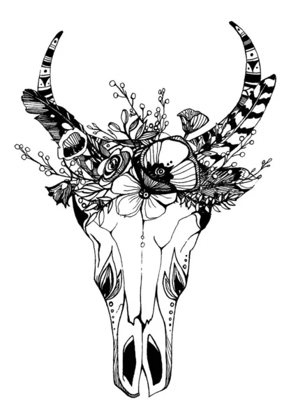 Vache, buffle, crâne de taureau dans un style tribal avec des fleurs. Illustration vectorielle bohème et boho. Symbole ethnique tzigane sauvage et libre . — Image vectorielle