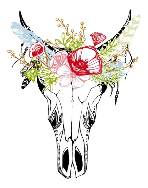 Kráva, buvol, býčí lebka v kmenovém stylu s květinami. Bohemian, boho vektorová ilustrace. Symbol divokého a svobodného etnika. — Stockový vektor