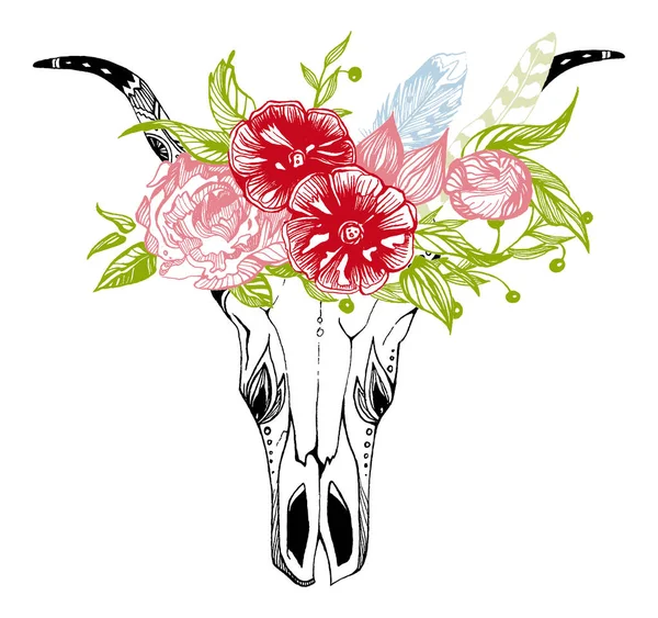 Vaca, búfalo, cráneo de toro en estilo tribal con flores. Ilustración bohemia, vector boho. Símbolo gitano étnico salvaje y libre . — Vector de stock